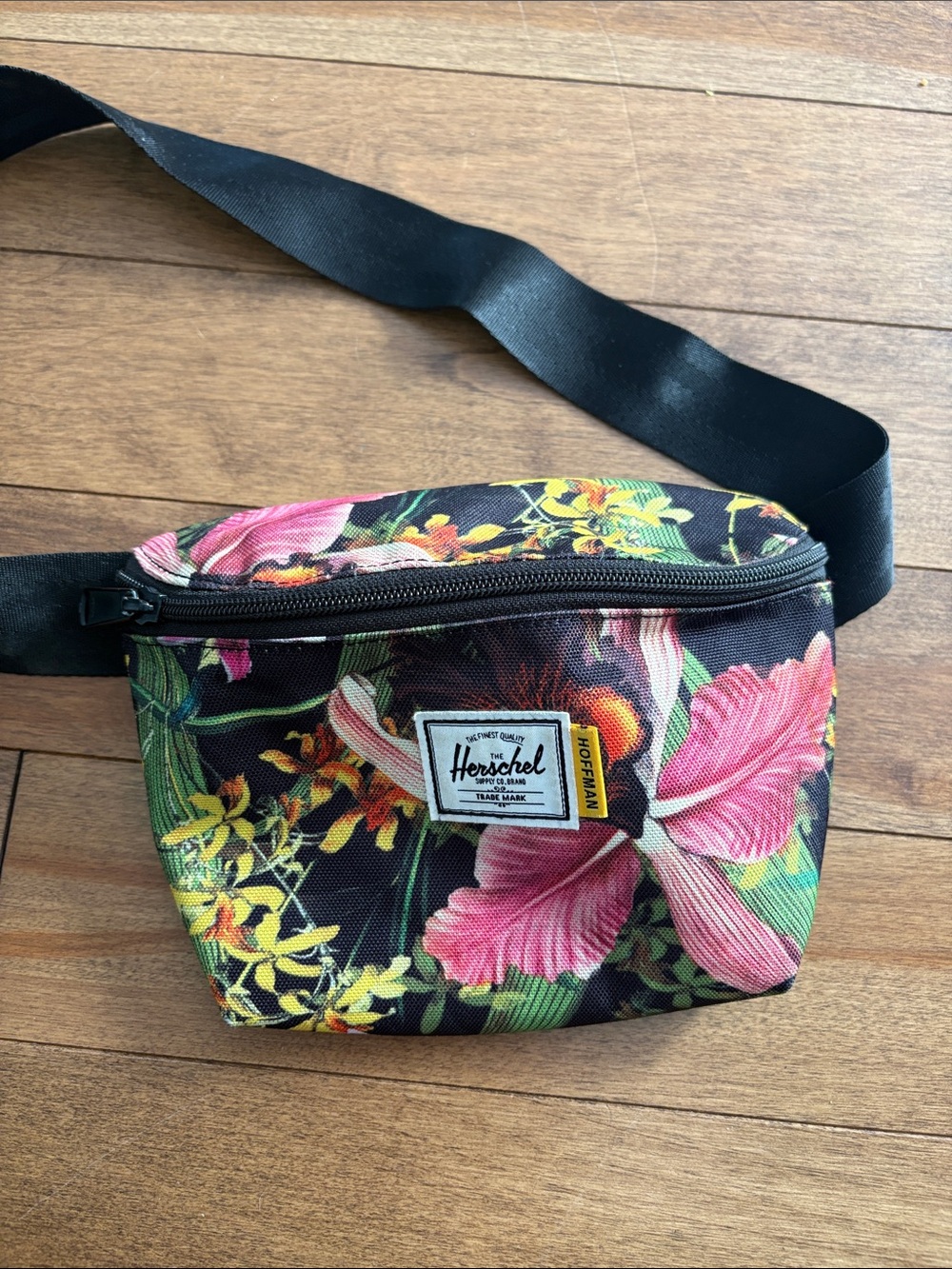 Herschel Supply Company Black Floral Crossbody Waist Bag with Pink Accents